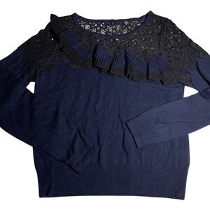 Anthropologie Navy Blue Lace Ruffle Long Sleeve Knit Sweater Top Women's small